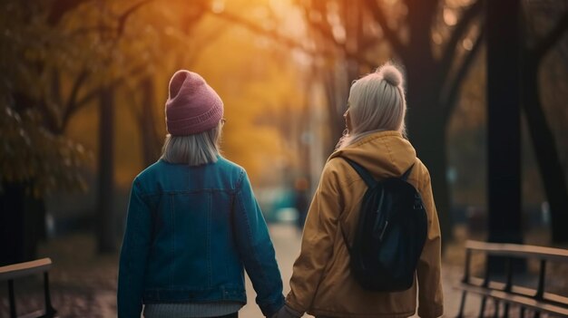 Vue arrière de deux femmes dans le parc Generative Ai