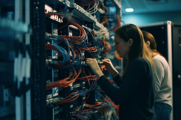 Vue arrière de deux femmes travaillant dans un centre de données manipulant des câbles avec des rangées de racks de serveurs