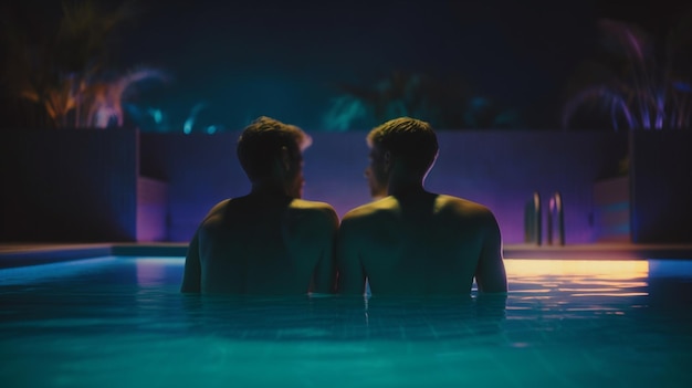 Vue arrière de deux hommes dans la piscine Generative Ai