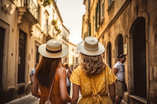 Vue arrière de deux jeunes femmes avec des chapeaux de paille marchant dans la ville Generative AI