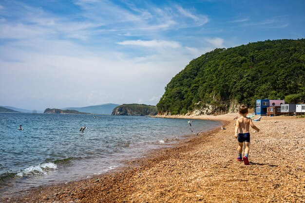 Vue arrière du bébé mâle marchant sur un paysage de plage de galets avec des montagnes d'eau de mer claire et des mouettes