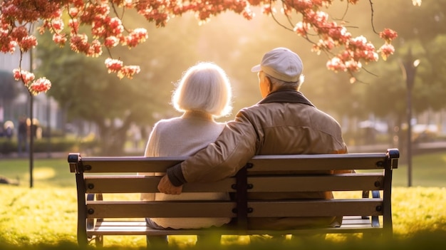 Vue arrière du couple âgé assis sur le banc dans le parc