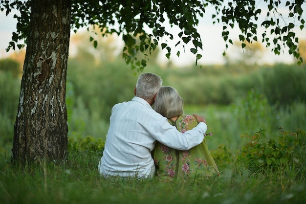 Vue arrière du couple âgé assis sur l'herbe