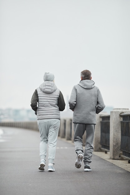 Vue arrière du couple d'âge mûr actif en vêtements de sport gris jogging le long de la rivière dans un matin sombre