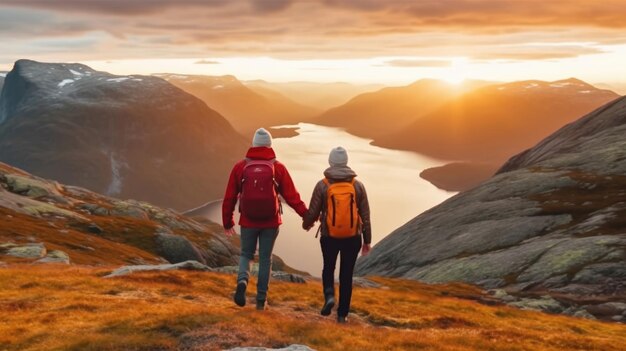 Vue arrière du couple main dans la main et marchant au sommet de la montagne au coucher du soleil Generative AI