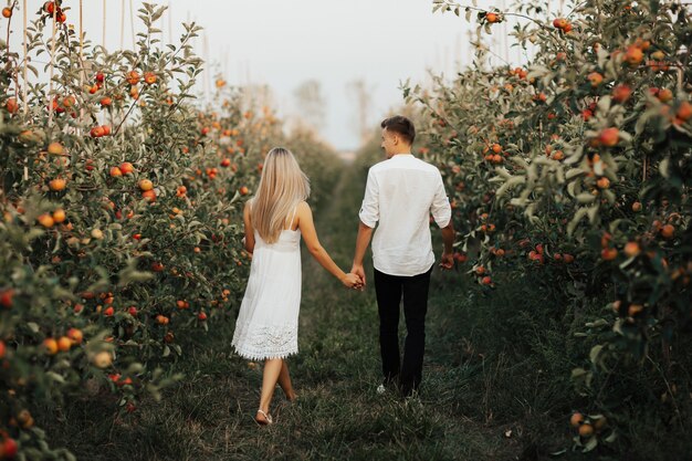 Vue arrière du couple marche dans le jardin d'été, tenant leurs mains.