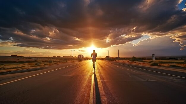 Vue arrière du coureur masculin athlétique sur route goudronnée avec des nuages dans le ciel au lever du soleil chemin du concept vers le succès Generative Aix9