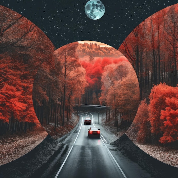Vue arrière du drone sur la forêt colorée de l'automne avec une voiture rouge droite et la lune Generative Ai
