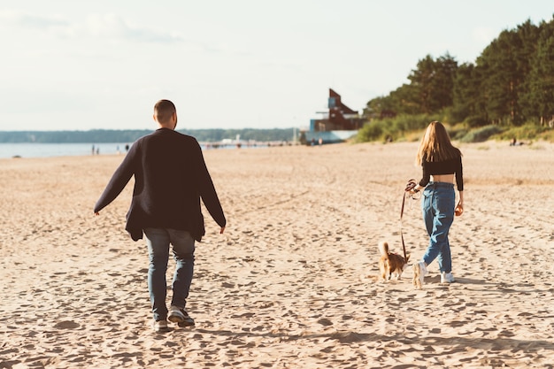 Vue arrière du jeune couple heureux et chien marchant sur la plage