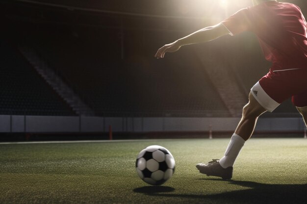 Vue arrière du joueur de football masculin déterminé bottant le ballon sur un matc