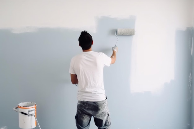 vue arrière du mur de peinture jeune homme avec rouleau