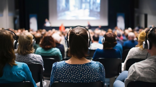 Vue arrière du public portant et écoutant des haut-parleurs via un casque d'interprète sur la scène