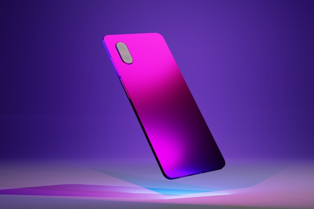 Vue arrière du téléphone mobile avec deux caméras sur les lumières bleues, roses et violettes et conception isométrique