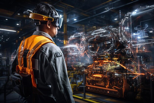 Vue arrière du travailleur industriel portant un uniforme de protection et un casque de sécurité debout près de l'industrie lourde