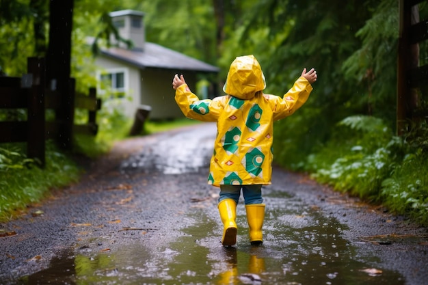 Vue arrière d'un enfant dans un imperméable jaune et des bottes en caoutchouc jaune jouant dehors sous la pluie