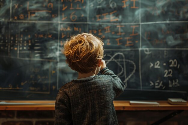 Vue arrière d'un enfant écrivant avec de la craie sur un tableau noir solution d'un exemple