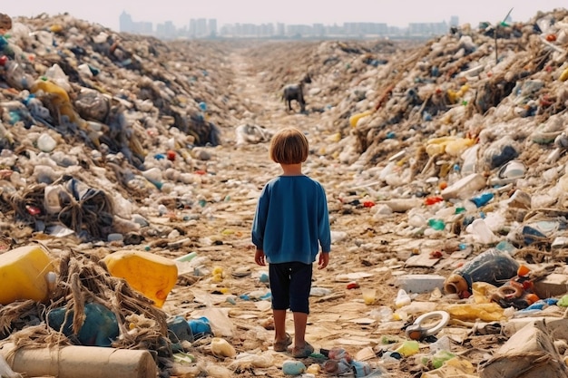 Vue arrière d'un enfant observant des déchets plastiques Sensibilisation à l'environnement et concept de conservation Illustration Atout pour des thèmes respectueux de l'environnement AI générative