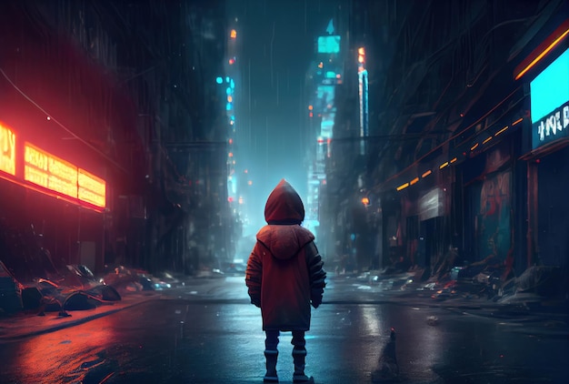 Vue arrière de l'enfant perdu se tenait au milieu d'une rue avec un costume à capuche dans le fond de la ville sombre cyberpunk Concept de personnes et de modes de vie Illustration d'art numérique AI générative