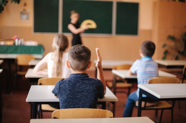 Vue arrière des enfants assis dans la salle de classe et étudier. École primaire