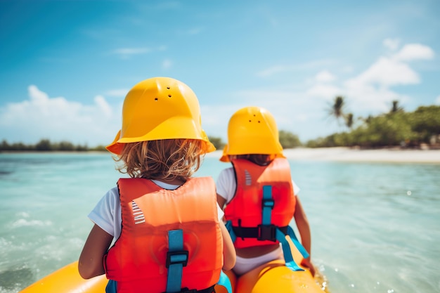 Vue arrière des enfants heureux avec un gilet de sauvetage sur un bateau sur une plage tropicale