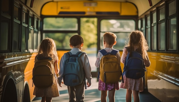 vue arrière des enfants qui vont à l'école dans un autobus scolaire