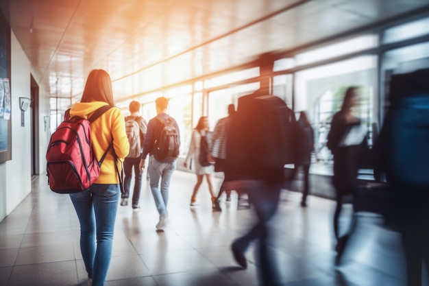 Vue arrière d'une étudiante avec un sac à dos rouge