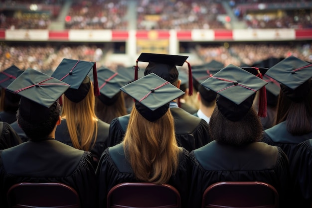 vue arrière des étudiants en casquettes de remise des diplômes dans l'auditorium de l'université, à l'arrière des chapeaux de remise des diplômes pendant la réussite du début AI généré