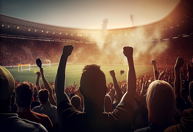 Vue arrière des fans de football de football acclamant leur stade d'équipe le soir Générer Ai