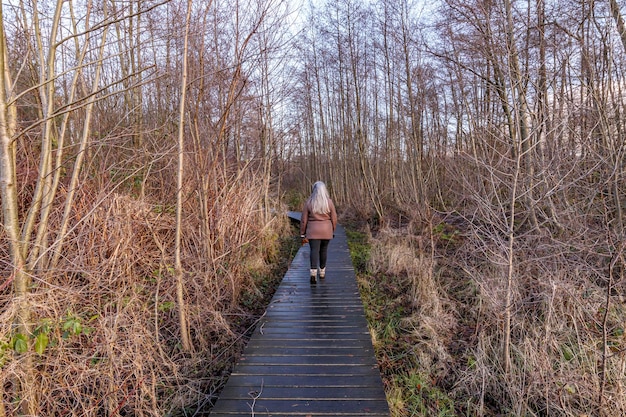 Photo vue arrière d'une femme adulte âgée marchant sur un chemin en bois dans un terrain boueux entre la végétation sauvage et les arbres dénudés thor park parc national hoge kempen jour nuageux à genk belgique