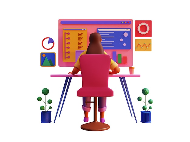 Vue arrière de la femme d'affaires 3D travaillant au bureau sur le lieu de travail.