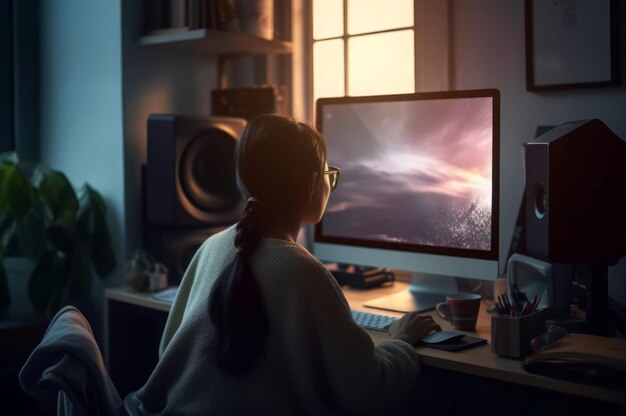 Vue arrière d'une femme asiatique regardant l'écran de l'ordinateur Un lieu de travail indépendant confortable avec un grand écran d'ordinateur