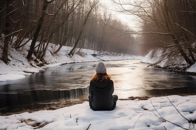 Vue arrière d'une femme assise sur une berge dans la forêt d'hiver