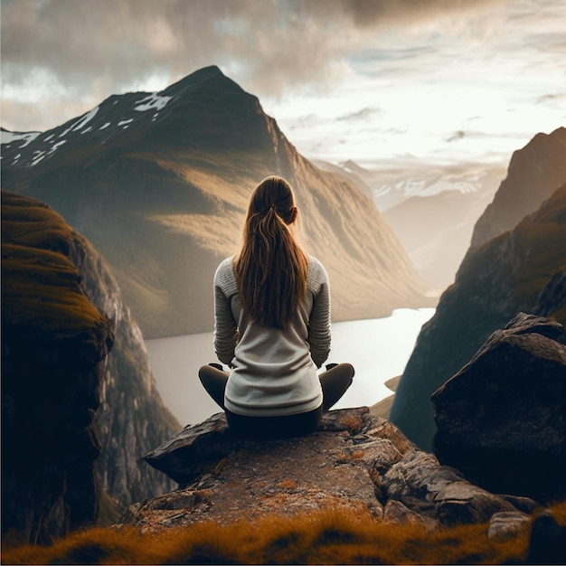 Vue arrière de la femme assise dans la pose de yoga sur une montagne, ai générative