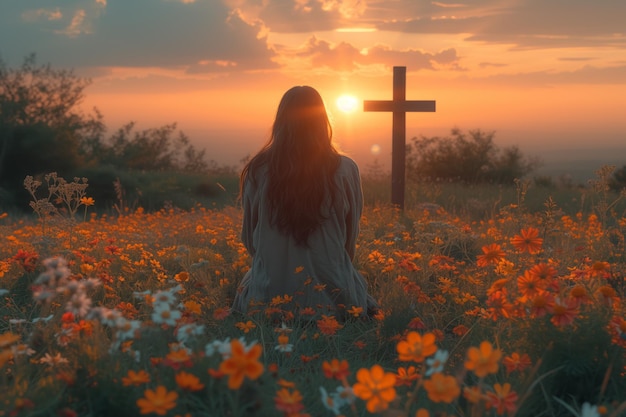 Photo vue arrière d'une femme assise sur le pré de fleurs et regardant la croix scène tranquille de pâques
