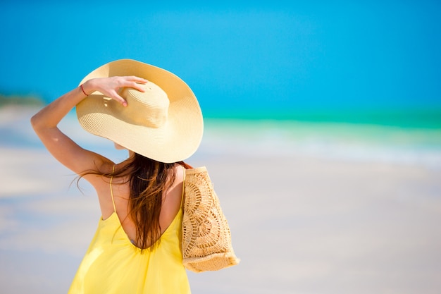 Vue arrière de la femme au grand chapeau pendant les vacances à la plage tropicale