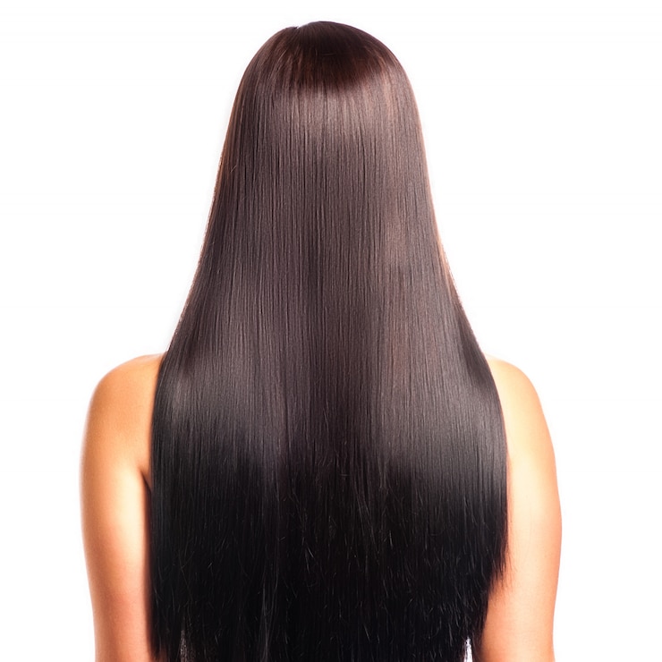 Photo vue arrière d'une femme aux longs cheveux noirs et raides.