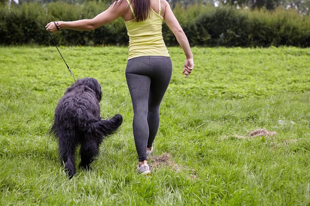 Photo vue arrière d'une femme avec un chien sur le terrain