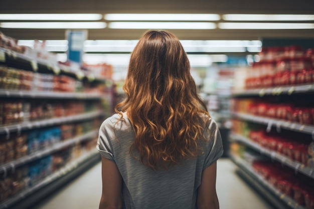 Vue arrière d'une femme choisissant des produits dans une épicerie