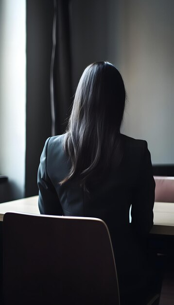 Vue arrière d'une femme en costume attendant un entretien d'embauche généré par l'IA