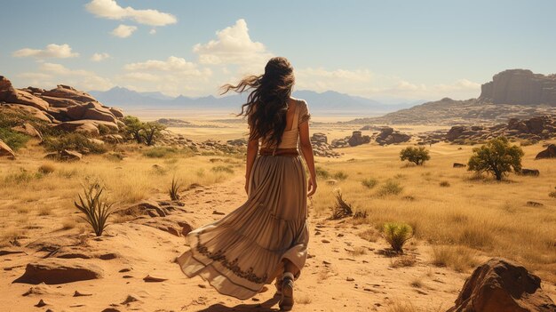 Vue arrière d'une femme dans le désert