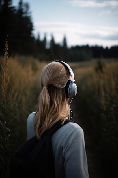 Vue arrière femme dans les écouteurs dans la nature médite se détend et prend soin de la santé mentale générée par l'IA