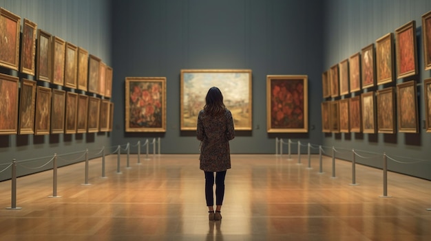 Vue arrière de la femme dans la galerie d'art appréciant l'œuvre d'art générative Ai