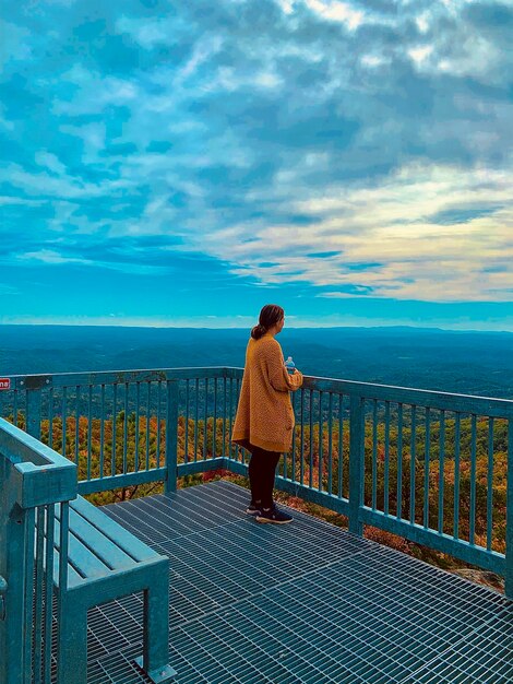 Vue arrière d'une femme debout sur une balustrade contre le ciel