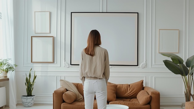 Vue arrière d'une femme debout dans le salon et regardant une affiche encadrée blanche sur le mur