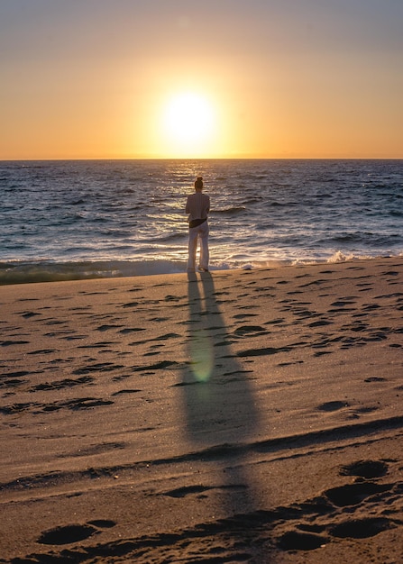 Vue arrière d'une femme debout sur la plage contre le ciel pendant le coucher du soleil