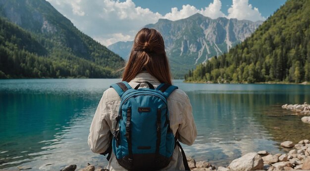 Vue arrière d'une femme debout seule près d'une rivière et de grandes montagnes