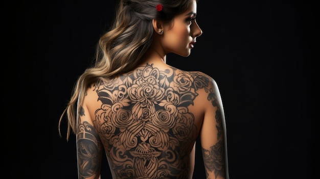 Photo vue arrière d'une femme faisant étalage de son tatouage une jeune femme montrant son tatouage complexe