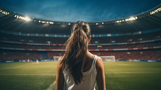 Vue arrière de femme de jeune joueur de football au stade