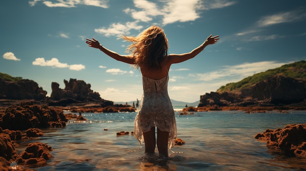 Photo vue arrière femme lever les mains sur la plage d'été generative ai