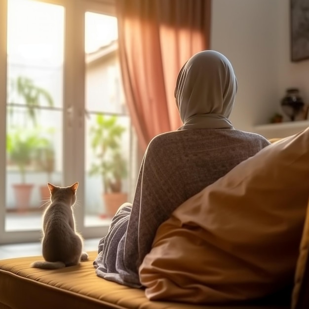 Vue arrière d'une femme malaise et d'un chat assis sur un canapé Generative AI
